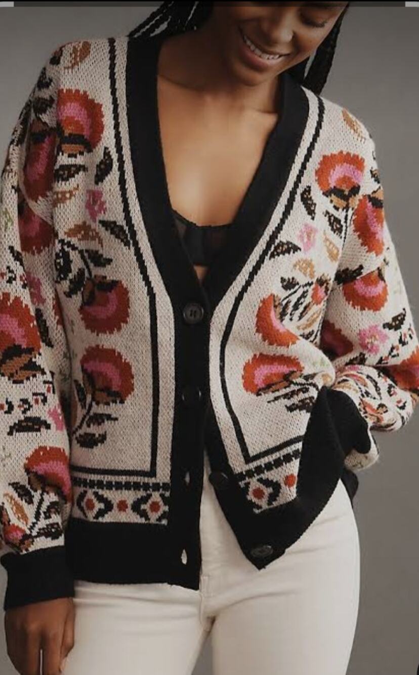 Farm Rio Palms Paradise Sand Knit Wool Blend Cardigan Sweater Size XL